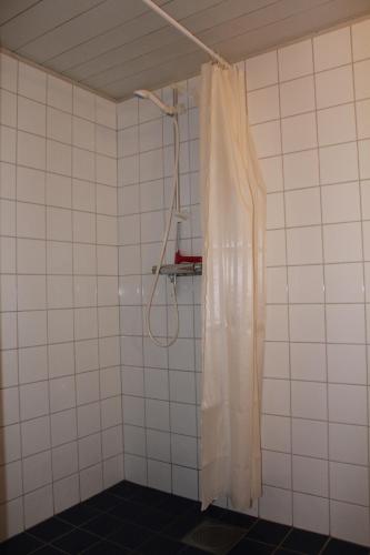 a shower in a tiled bathroom with a shower curtain at Höglunda Gård B&B Lantgård in Skanderåsen