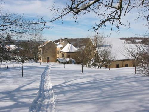 een sneeuwbedekte tuin met een huis op de achtergrond bij Gite du Repos in Amondans