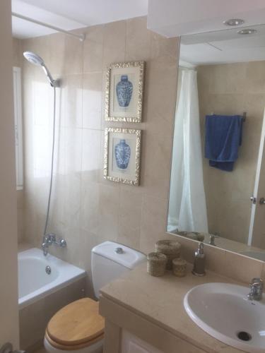 y baño con aseo, lavabo y espejo. en Apartamento del paraiso, en Estepona