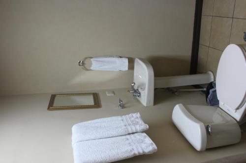a bathroom with a toilet and a sink and towels at Hotel Santa Maria Inn in Alajuela City