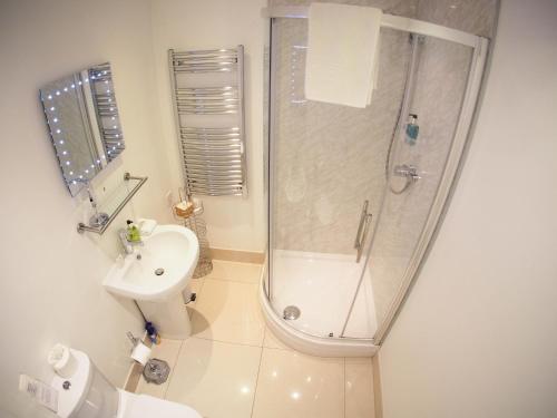 a bathroom with a shower and a sink at The Old Dairy Farm in Emsworth