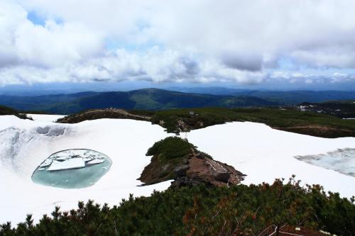 an island in the middle of a snowy field at Higashikawa Asahidake Onsen Hotel Bear Monte in Higashikawa