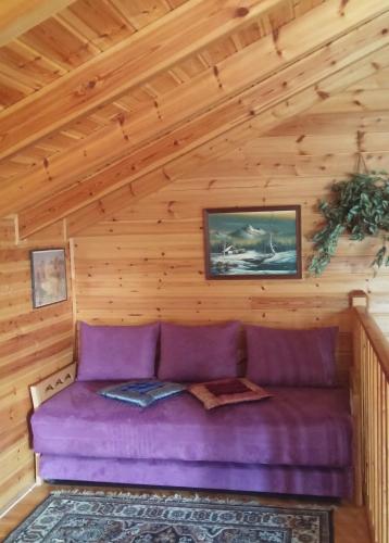 a room with a purple couch in a cabin at In our backyard - Metula in Metulla