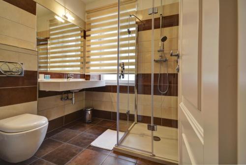 a bathroom with a toilet and a glass shower at Pension Villa Miluška in Špindlerův Mlýn