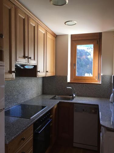 cocina con armarios de madera, fregadero y ventana en Apartaments Alt Aneu Baqueira, en Isavarre