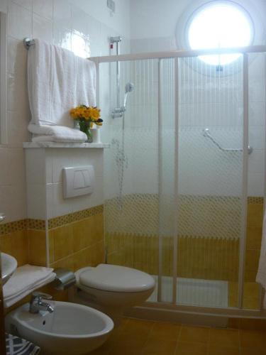 a bathroom with a shower and a toilet and a sink at Hotel Lily in Bibione