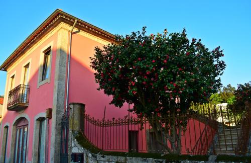 a pink house with a tree in front of it at Casas Marias de Portugal - Cerveira in Vila Nova de Cerveira