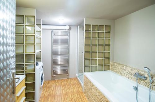 a bathroom with a large tub and a shower at Design Apartment Havelska in Prague