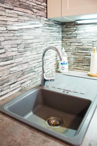 a sink in a kitchen with a stone wall at Design Apartment Havelska in Prague