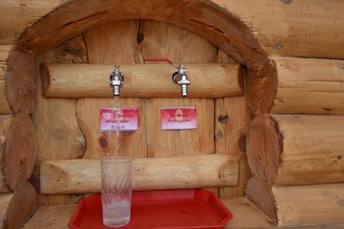 a wooden igloo with a glass on a red table at Bilovoddya Hotel in Sil'