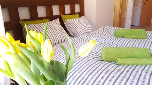 2 camas con almohadas verdes y flores amarillas. en Apartmány u náměstí en Broumov