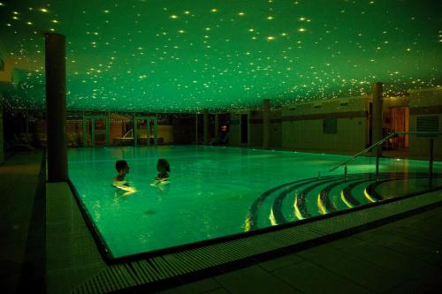 two children swimming in a swimming pool with a green ceiling at Enjoy Resorts Marina Fiskenæs - Wellness & Waterpark in Gråsten