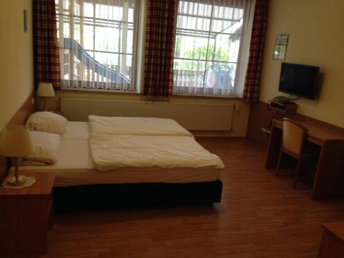 - une chambre avec un lit et 2 fenêtres dans l'établissement Hotel Sonnenhof, à Thannhausen