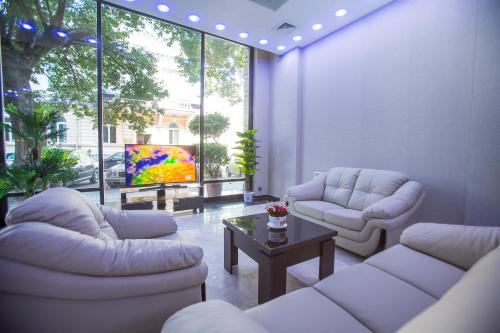 a living room with white couches and a tv at Ire Palace in Batumi