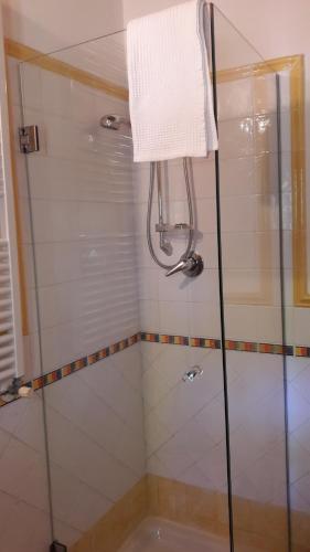 a shower with a glass door and a towel at Residenza Il Platano Fortilizio di Campiglia in Rapolano Terme