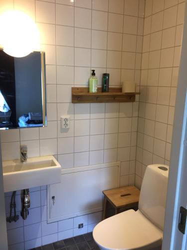 a bathroom with a sink and a toilet and a mirror at Höjdens Lågprishotell in Mönsterås