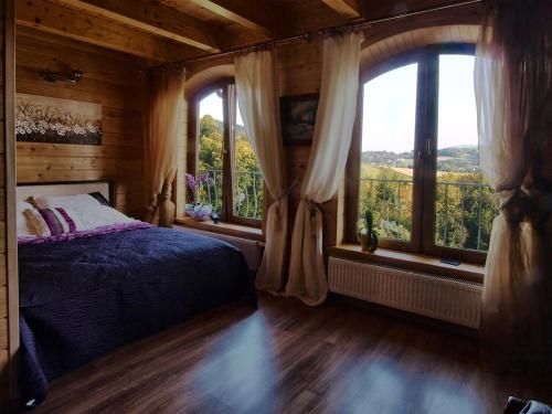 a bedroom with a bed and windows with a view at Chata wsród Malw in Wilkowisko