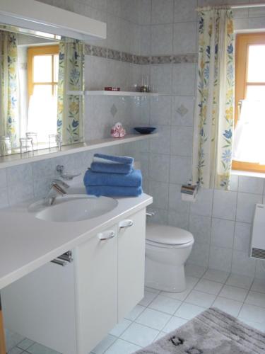 Baño blanco con lavabo y aseo en Ferienwohnung Althoelbling, en Patergassen