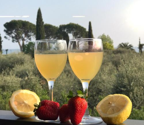 two glasses of wine and strawberries on a table at Casa Gardenia in Toscolano Maderno