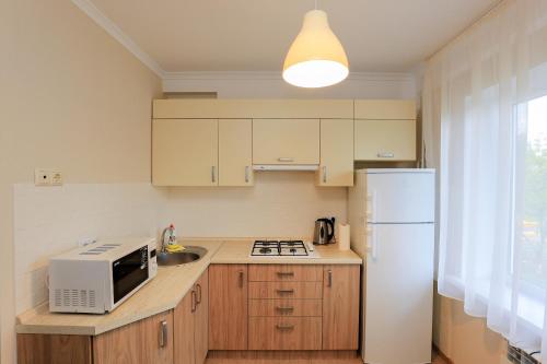 a kitchen with a microwave and a white refrigerator at Apartment on Obolonskiy Prospect 16V in Kyiv