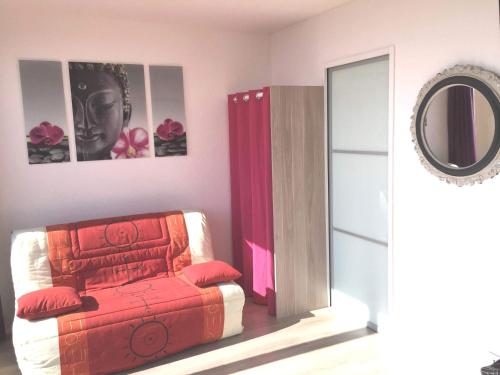 ル・バルカレスにあるBarcaresa-Magnifique Appartement residence Argonautesのソファ、鏡、鏡が備わるお部屋