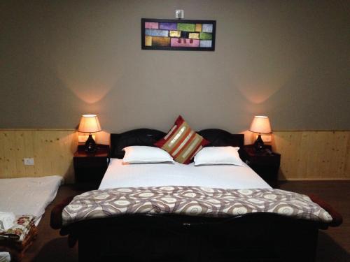 a bedroom with a bed with pillows and two lamps at Adu's Eternal Comfort in Leh