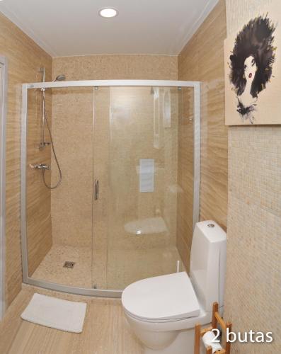 a bathroom with a shower and a toilet in it at Six Apartment Simona in Vilnius