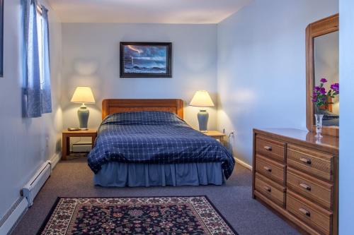 a bedroom with a bed and two lamps and a dresser at Waterside Apts. in Cardigan