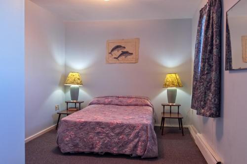 a bedroom with a bed and two lamps on two tables at Waterside Apts. in Cardigan