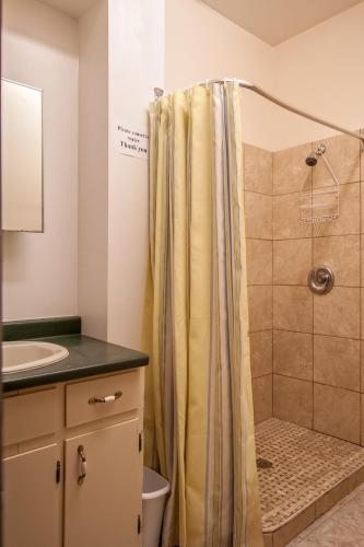 a bathroom with a shower and a sink at Waterside Apts. in Cardigan