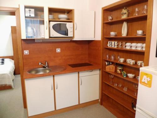a kitchen with a sink and a microwave at Apartmán Olomouc 2+KK in Olomouc