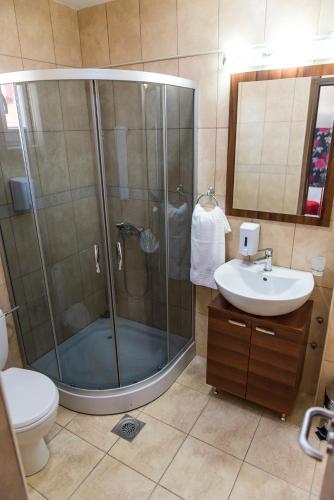 a bathroom with a shower and a sink and a toilet at Guest House Vila Salute in Niš