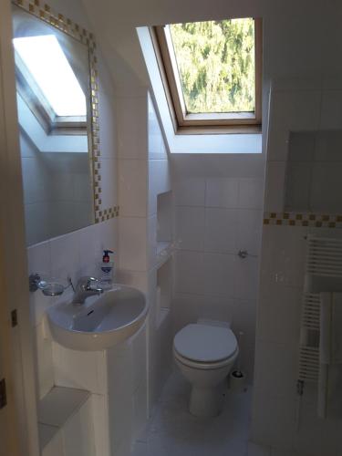 La salle de bains est pourvue de toilettes, d'un lavabo et d'une fenêtre. dans l'établissement Osterley Studio Room, à Isleworth