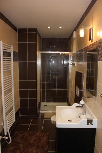 a bathroom with a sink and a shower at Pokoj pro dva s výhledem in Český Krumlov