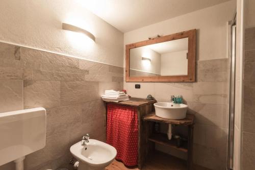 a bathroom with a sink and a toilet and a mirror at Vecchio Fienile in Aosta