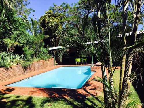 a swimming pool in a yard with a palm tree at Lincoln Cottages BnB & Self-Catering in Pietermaritzburg