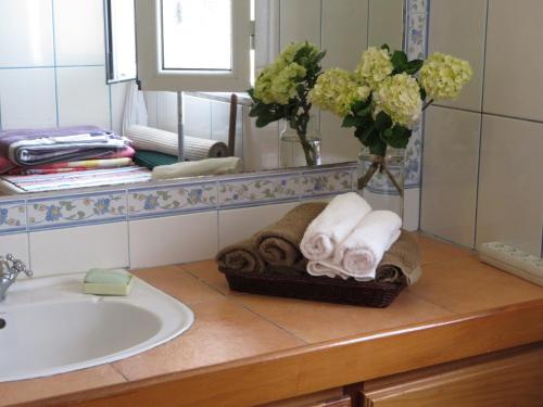 un bagno con lavandino e asciugamani su un bancone di Casa Formosa a Furnas