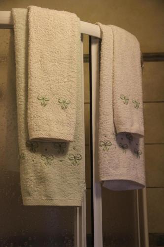 two towels with green bugs on them on a mirror at Bed & Breakfast Triora Medievale in Triora