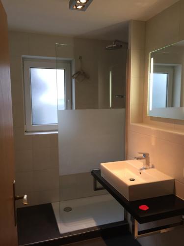 W łazience znajduje się umywalka i lustro. w obiekcie Apartment Simone w mieście Lörrach