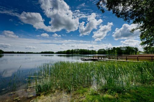 a lake with a dock and clouds in the sky at Vila Viesai in Trakai