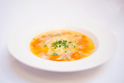 a bowl of chicken noodle soup on a white plate at Motel Skalka in Radola