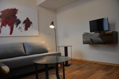 a living room with a couch and a tv on a wall at Maison am Liesingbach in Vienna