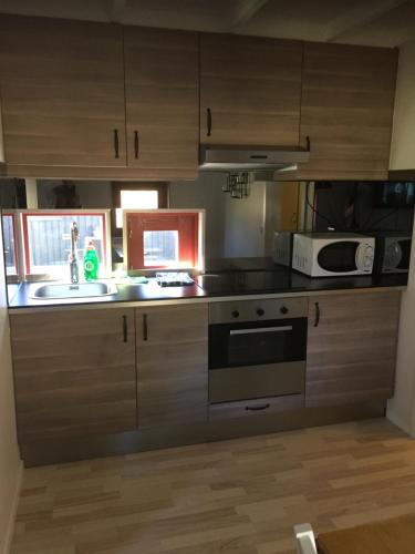 a kitchen with wooden cabinets and a stove top oven at Klitterbyn Lodge in Ängelholm