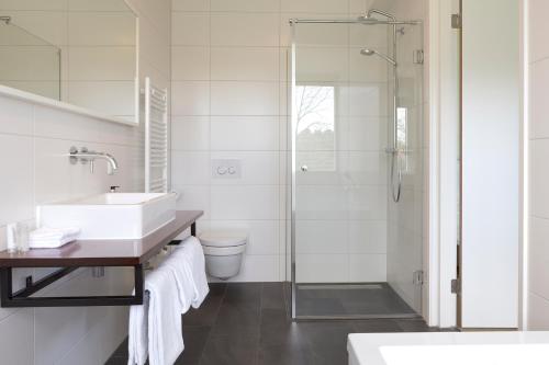 een badkamer met een douche, een wastafel en een toilet bij Landhuis Hotel Rikus in Eext