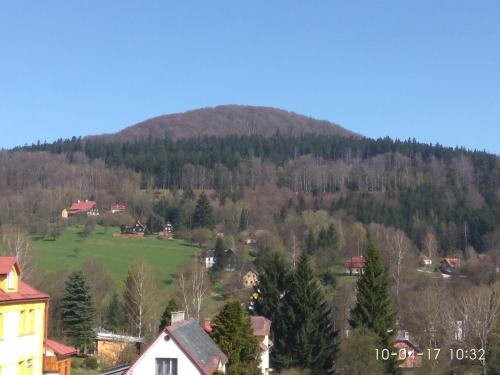 a small village with a mountain in the background at Pension Helene s mini pivovarem in Kytlice