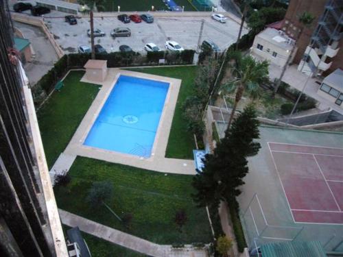 an overhead view of a large swimming pool on a lawn at Acacias 4 - Fincas Arena in Benidorm