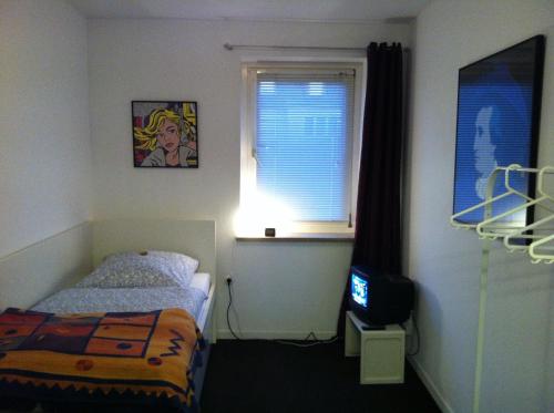 Schlafzimmer mit einem Bett, einem Fenster und einem TV in der Unterkunft ask rooms Privatzimmer in Kassel in Kassel