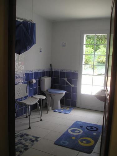 une salle de bain avec toilettes, lavabo et fenêtre dans l'établissement La croix fleurie des landes, à Saint-Pierre-dʼOléron