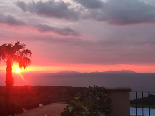 a sunset over the ocean with a palm tree at B&B Paradiso Relais in Messina