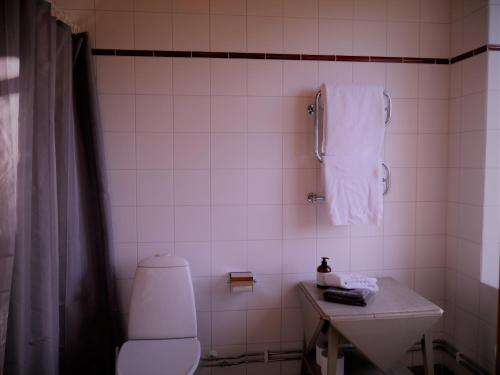 a bathroom with a toilet and a sink and a towel at Onkel Enkels Pensionat in Tomelilla